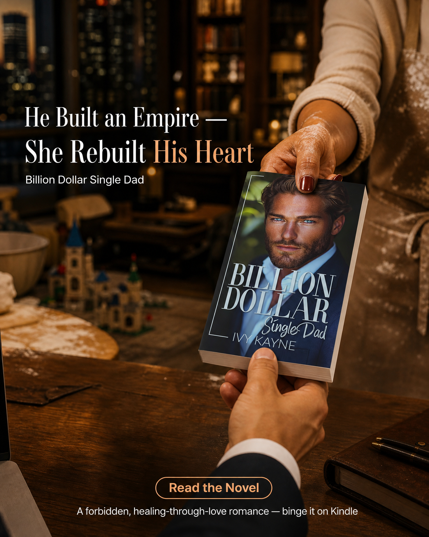 Romance book ad image example — the real cover of Billion Dollar Single Dad staged as an ad still