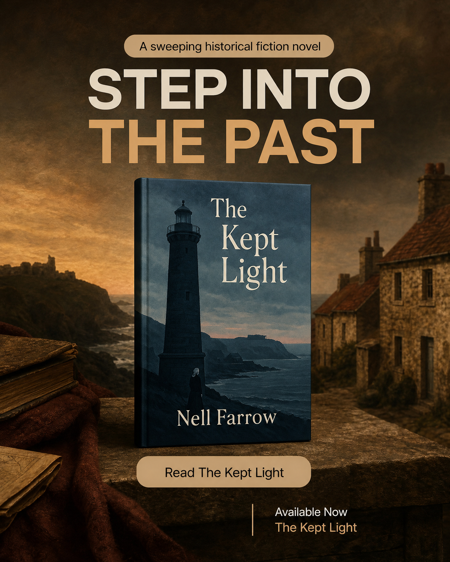 Historical fiction book ad image example — the real cover of The Kept Light staged in a period-true ad still