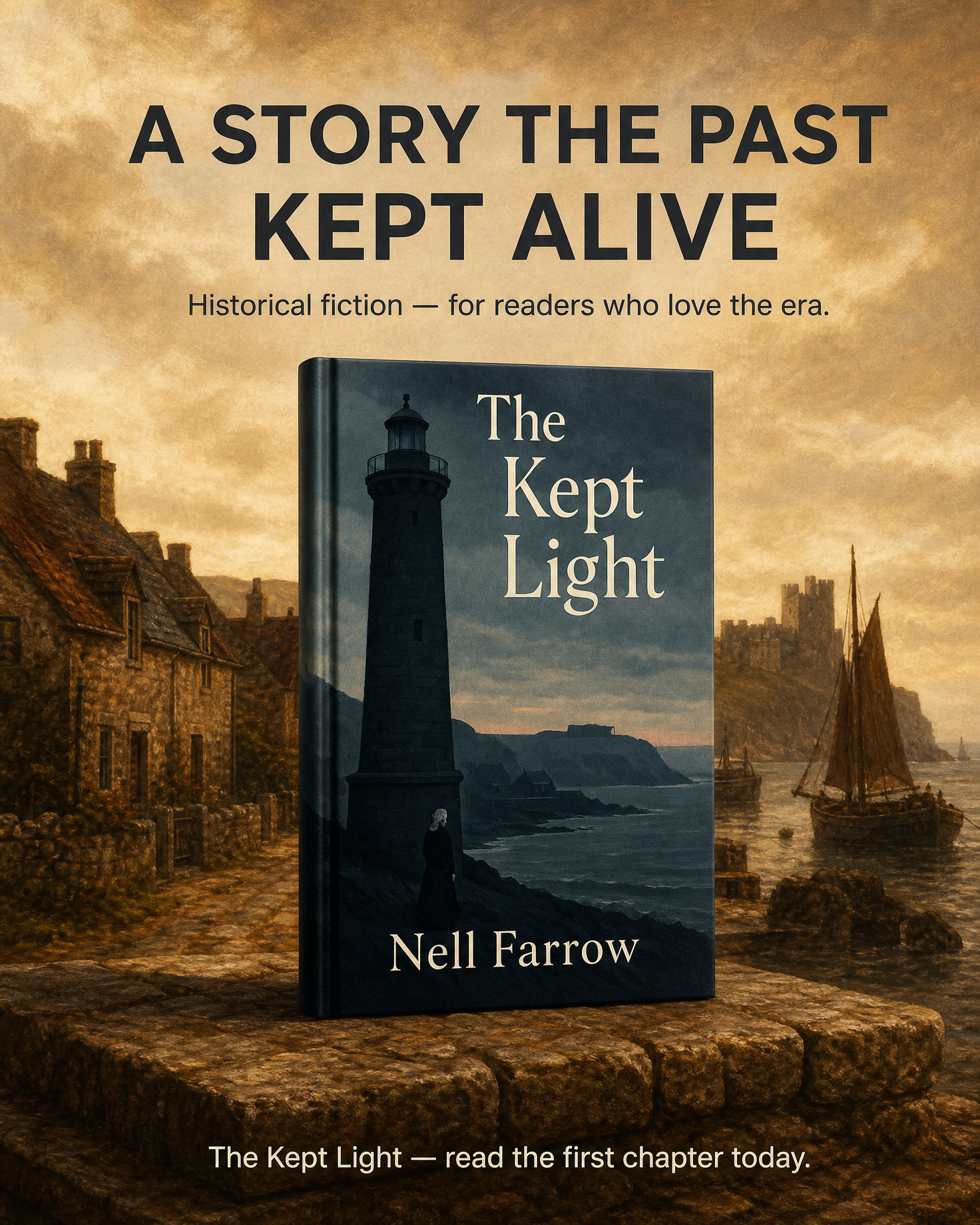 Historical fiction book ad image example — period ad still sized for Meta and social feeds