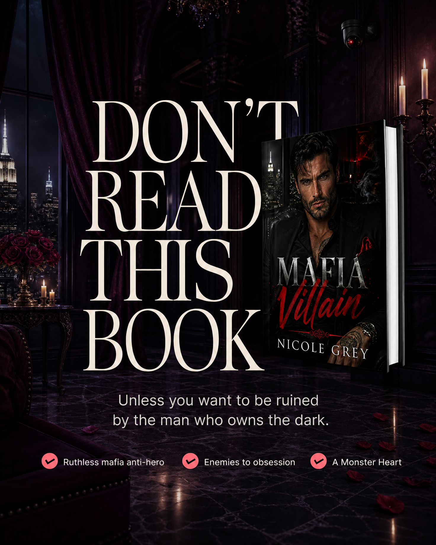 Dark romance book ad image example — the real cover of Mafia Villain staged as a moody ad still