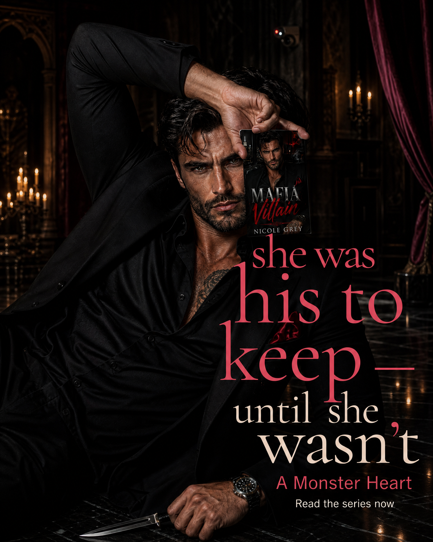 Dark romance book ad image example — on-book mafia romance ad still with the book's characters
