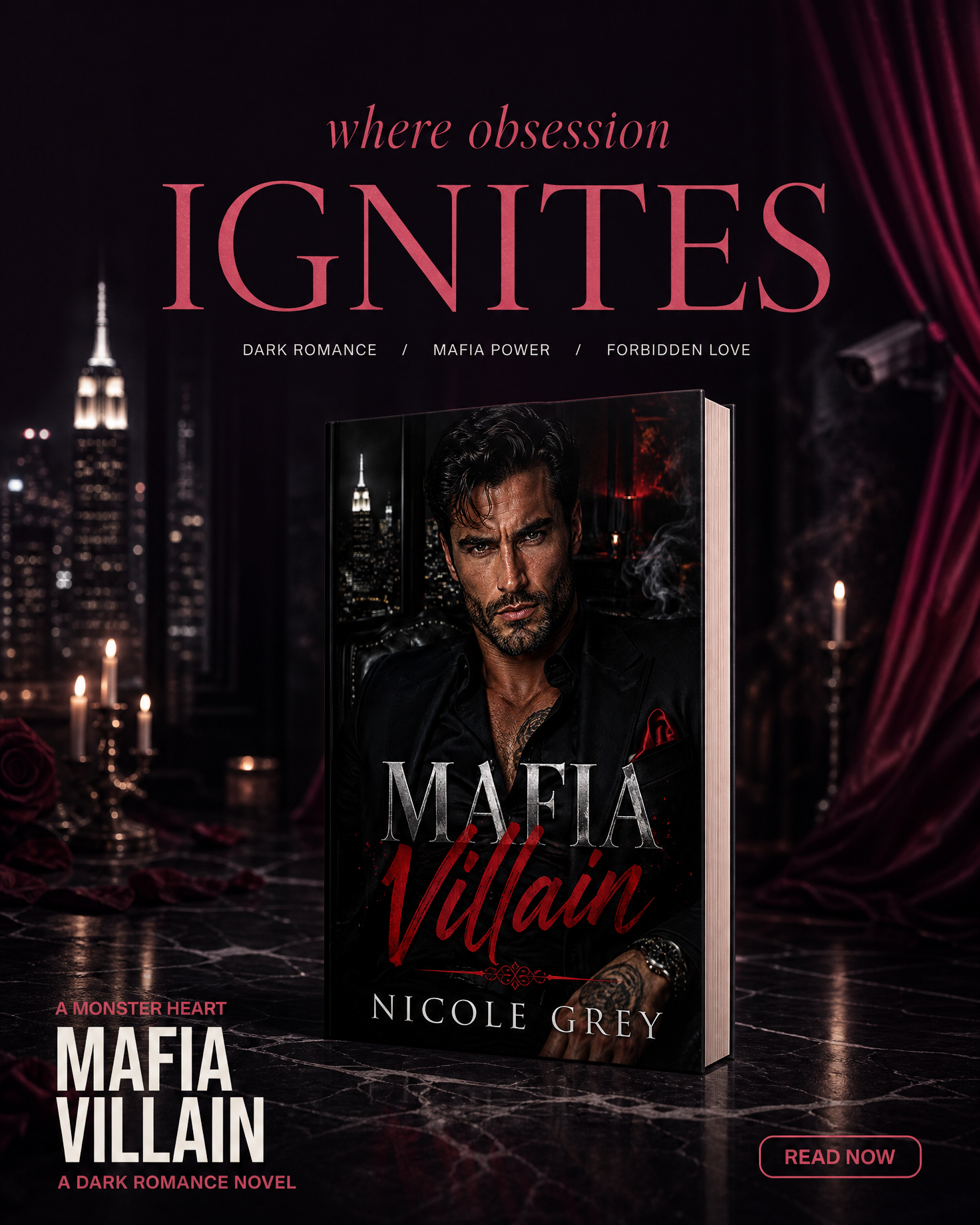Dark romance book ad image example — ad still sized for Meta and social feeds